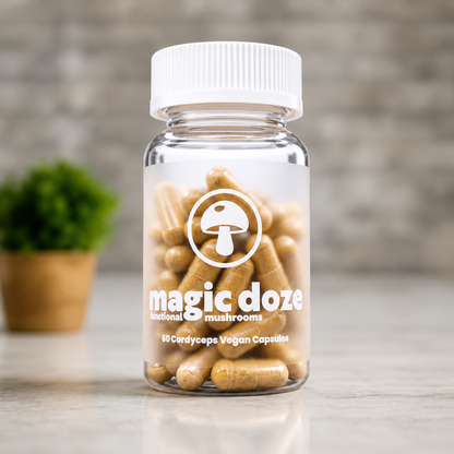 Cordyceps Mushroom Capsules On A Gray Background