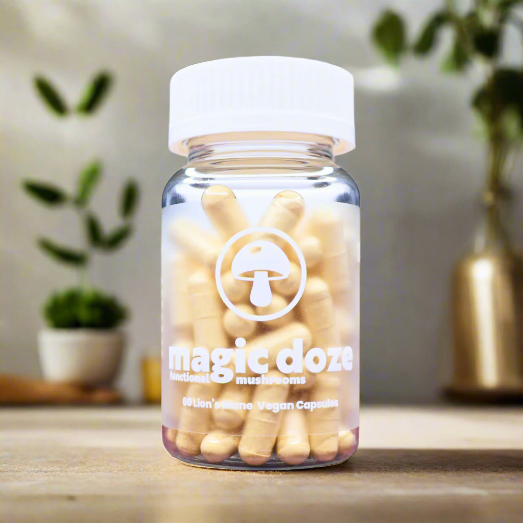 Lion's Mane Mushroom Capsules On A Kitchen Counter