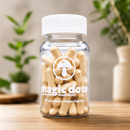 Lion's Mane Mushroom Capsules On A Kitchen Counter