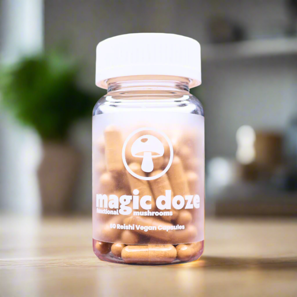 Reishi Mushroom Capsules on A Kitchen Counter