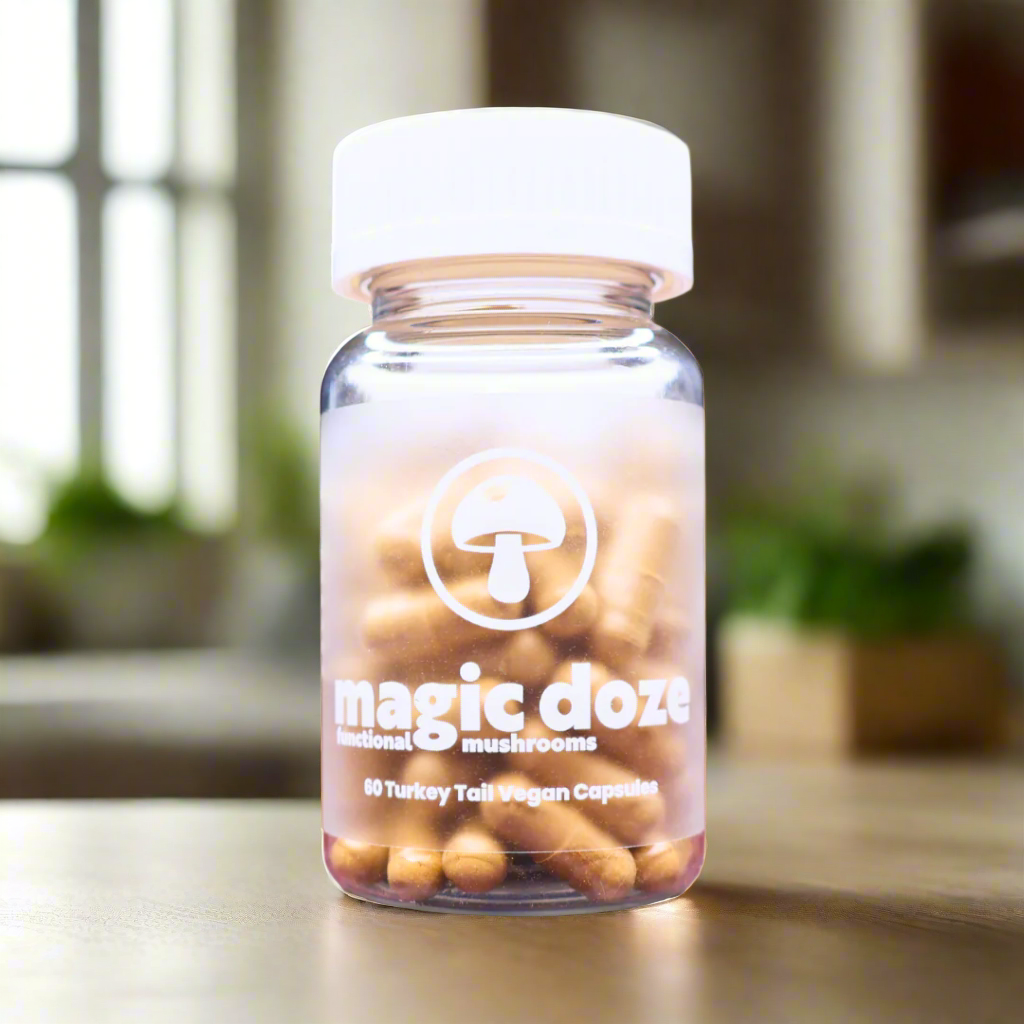 Turkey Tail Mushroom Capsules On A Kitchen Counter