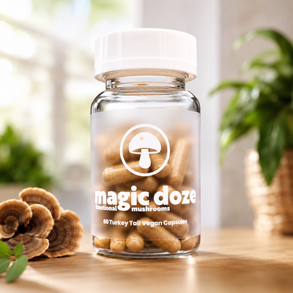 Turkey Tail Mushroom Capsules On A Kitchen Counter