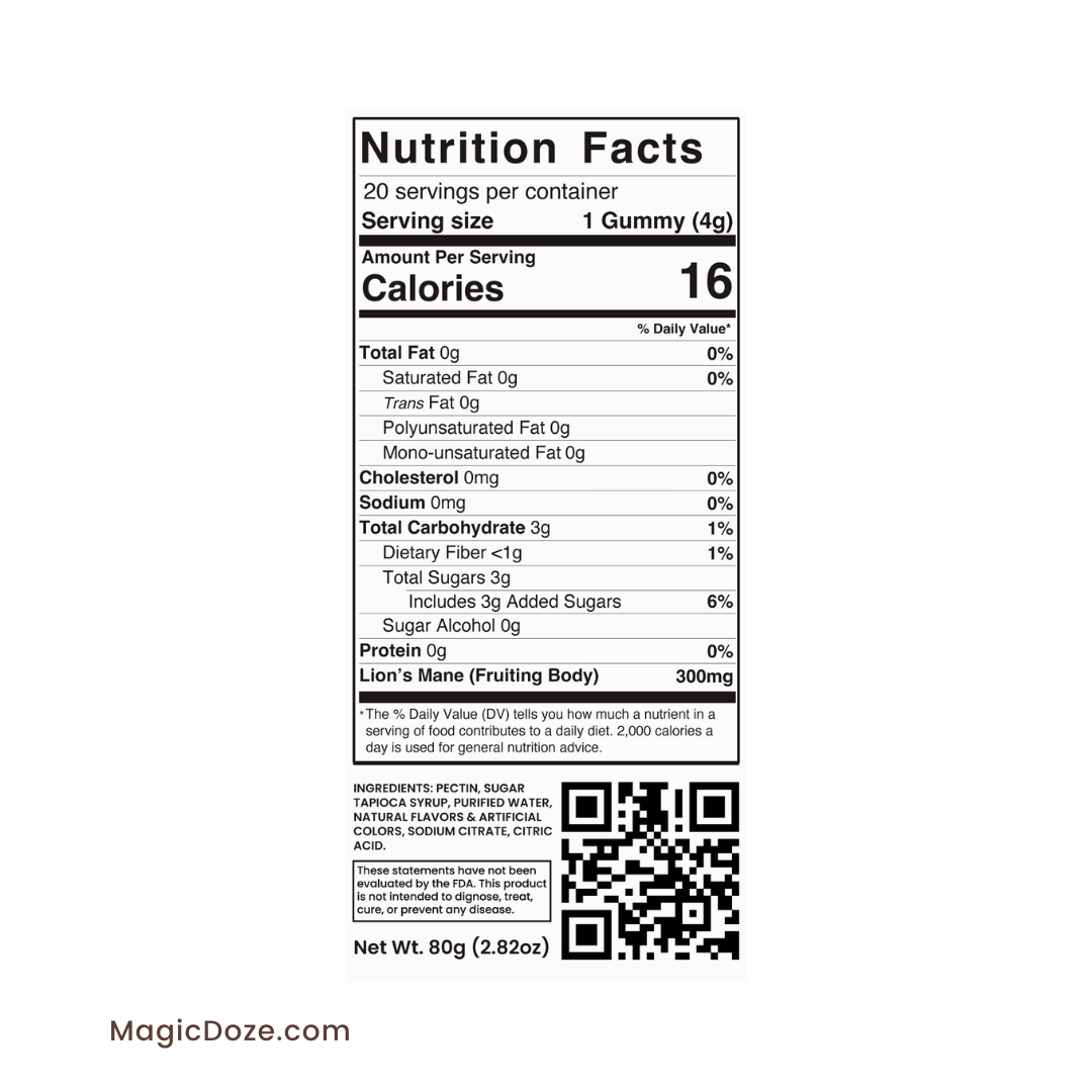 Magic Doze Brain Food Lion’s Mane functional mushroom gummies nutrition facts label and ingredients panel