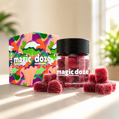 Magic Doze Brain Food Lion’s Mane functional mushroom gummies bottle and packaging in a premium lifestyle setting