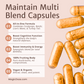 Magic Doze Maintain multi-blend functional mushroom capsules benefits infographic featuring energy, cognition, and immune support