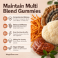 Magic Doze Maintain multi-blend functional mushroom gummies infographic featuring Cordyceps, Reishi, Lion’s Mane, and Turkey Tail mushrooms