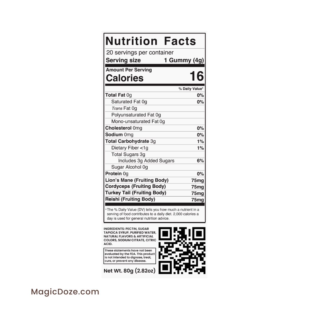 Magic Doze Maintain multi-blend functional mushroom gummies nutrition facts label and ingredients panel
