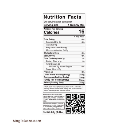 Magic Doze Maintain multi-blend functional mushroom gummies nutrition facts label and ingredients panel