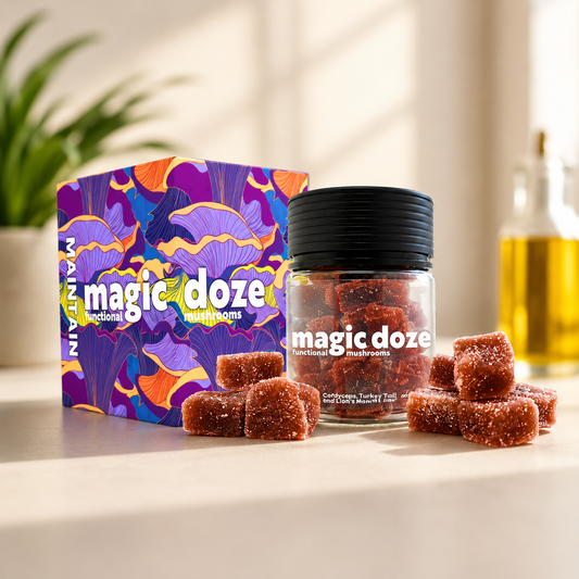 Magic Doze Maintain multi-blend functional mushroom gummies bottle and packaging in a premium lifestyle setting