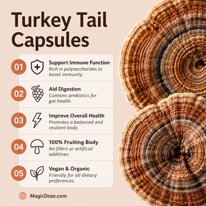 Magic Doze Turkey Tail mushroom capsules benefits infographic featuring fruiting body functional mushrooms