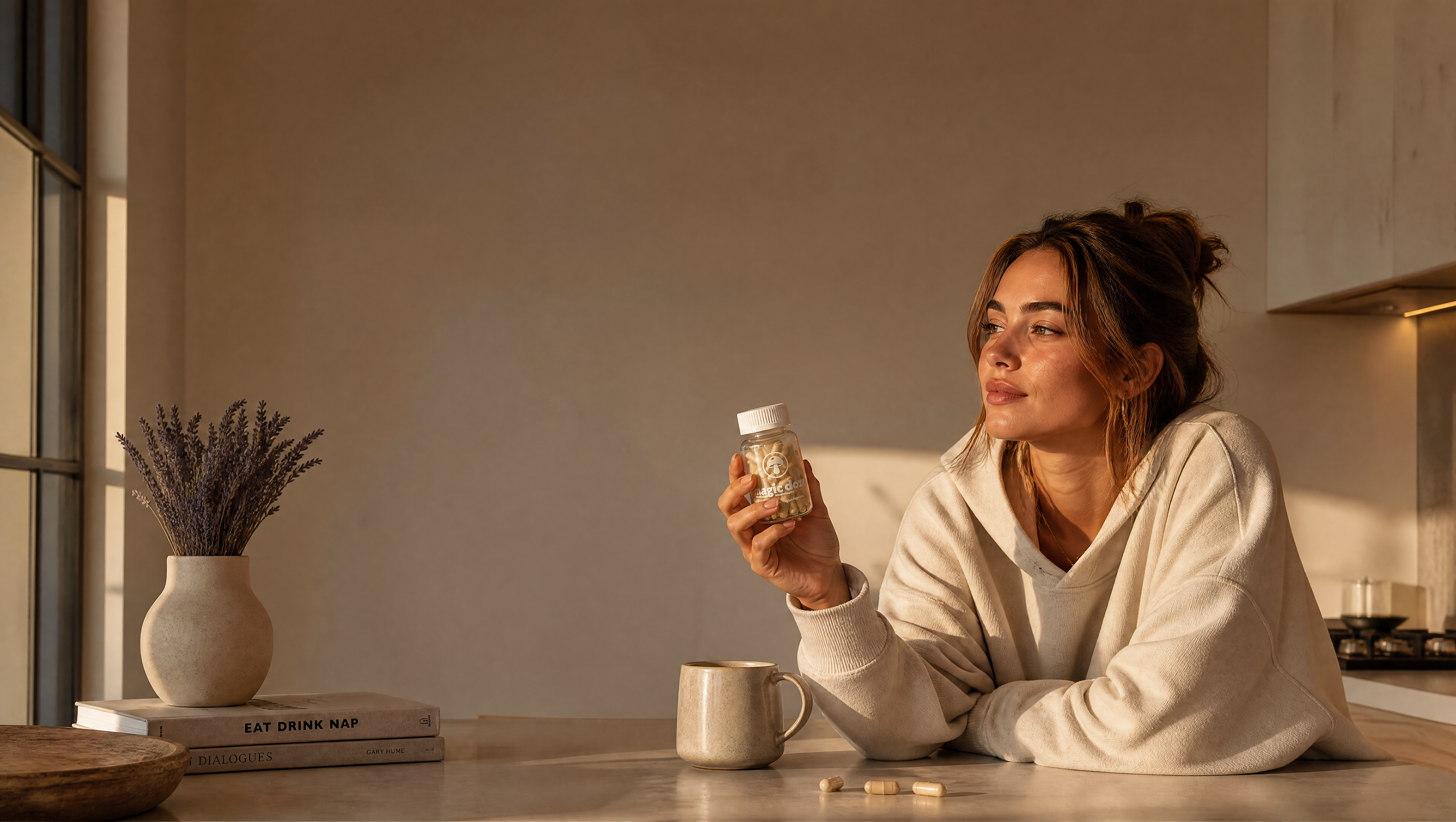 Woman enjoying MagicDoze mushroom capsules during a calm morning routine in a modern sunlit kitchen with premium wellness lifestyle atmosphere and natural energy focus vibe